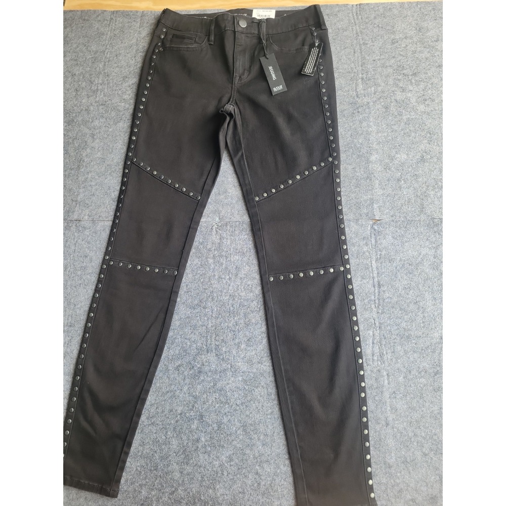 a.n.a Women's Black Studded Skinny Jeans Stretch 5-Pocket Mid Rise Biker